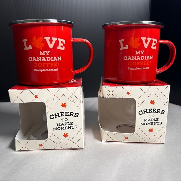 Cabot Trail Red Metal Coffee Mugs Set of 2 Canadian nostalgic camping camp fire - Picture 1 of 5